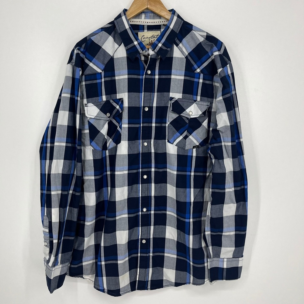 Coastal Mens XXL Blue White Plaid Western Pearl Snap Long Sleeve Shirt